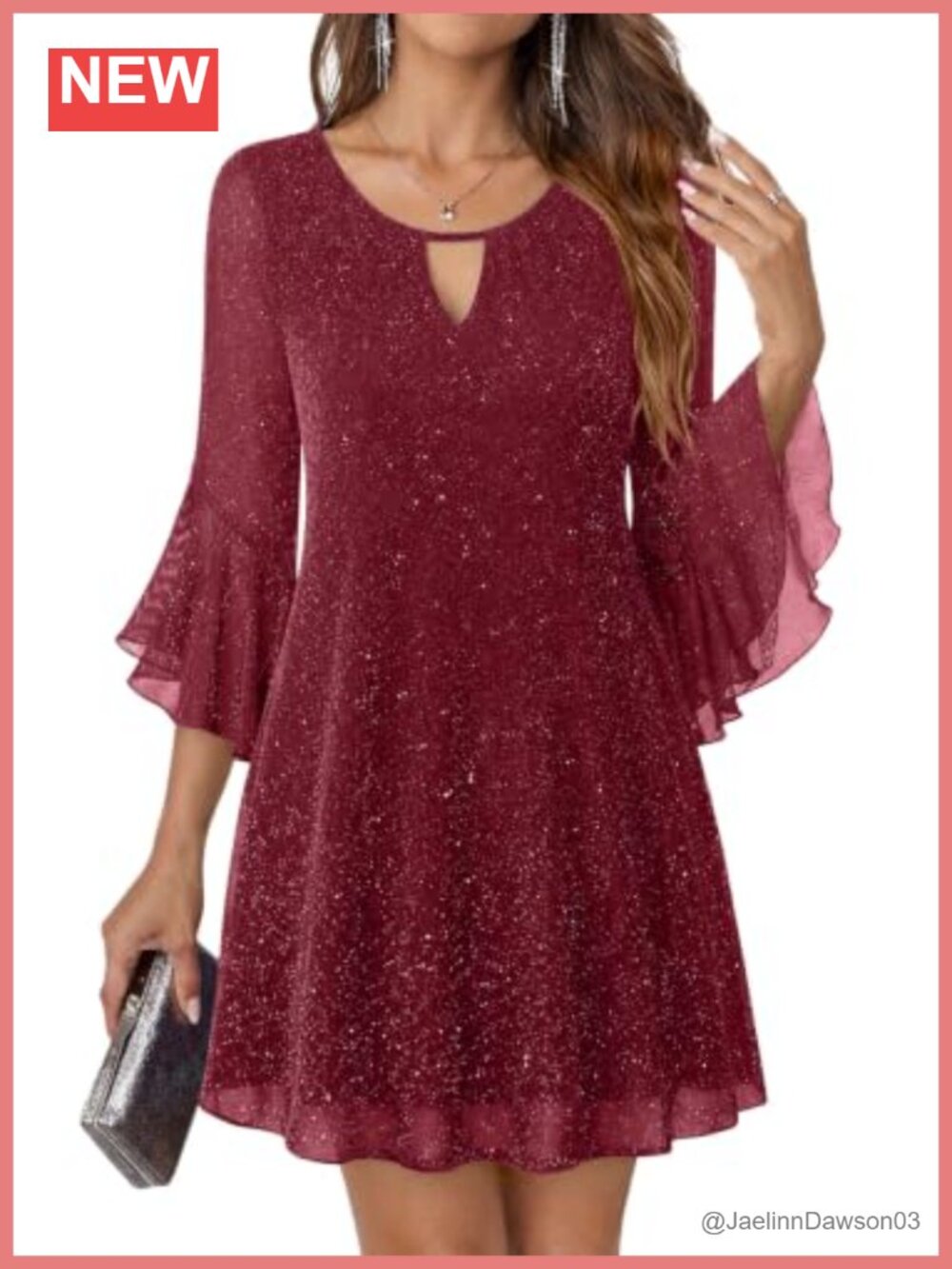 Womens Sparkly Sequin Cocktail Dress 3/4 Bell Sleeve A Line Wedding Guest